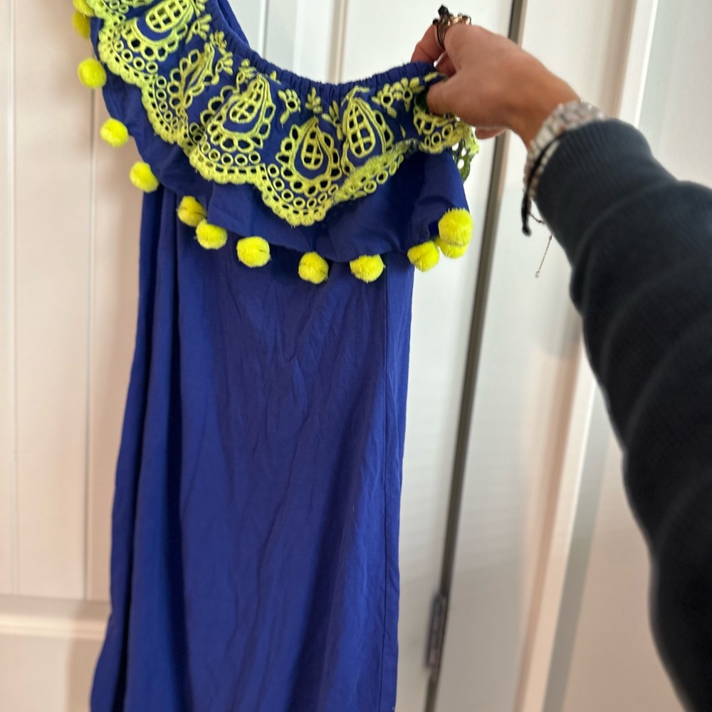 Lilly Pulitzer Blue Dress with Yellow Embroidery and Pom Poms